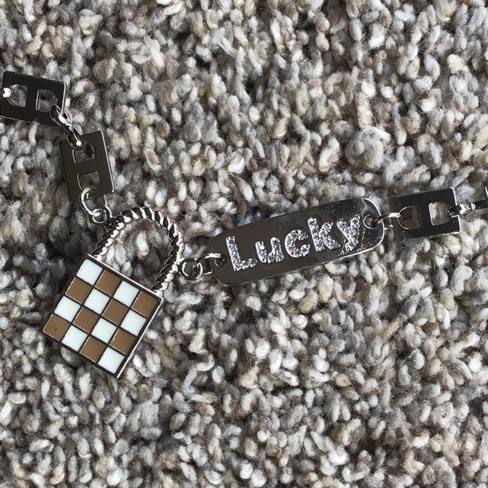 MELANIA CLARA SILVER LUCKY CHECKER LOCK NECKLACE- NWT